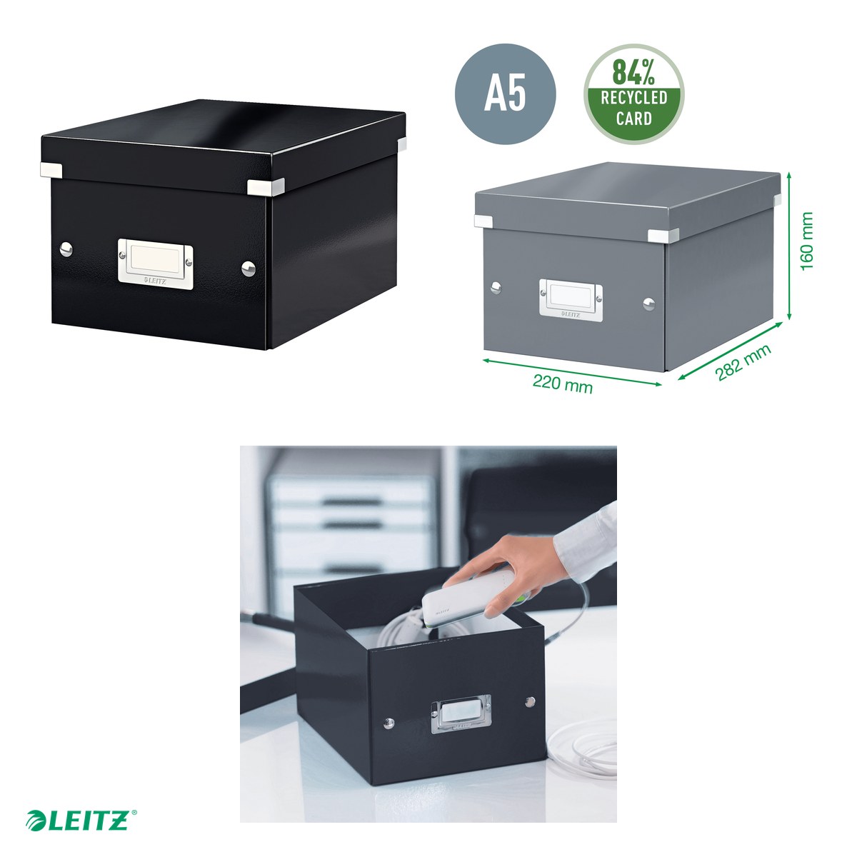 Cutie depozitare Leitz WOW Click & Store, carton laminat, pliabila, cu capac, 22x16x28 cm, pentru transport, negru [3]