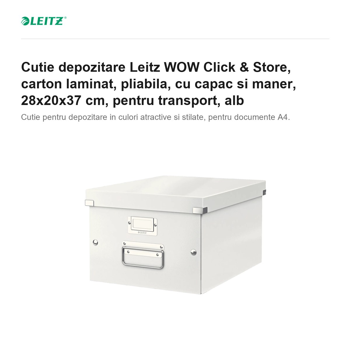 Cutie depozitare Leitz WOW Click & Store, carton laminat, pliabila, cu capac si maner, 28x20x37 cm, pentru transport, alb [1]
