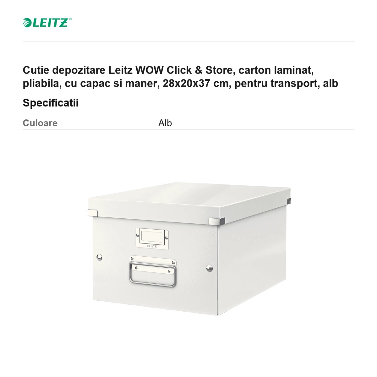 Cutie depozitare Leitz WOW Click & Store, carton laminat, pliabila, cu capac si maner, 28x20x37 cm, pentru transport, alb [2]