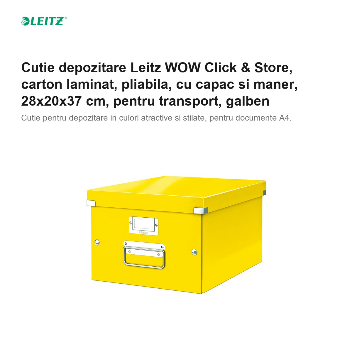 Cutie depozitare Leitz WOW Click & Store, carton laminat, pliabila, cu capac si maner, 28x20x37 cm, pentru transport, galben [1]