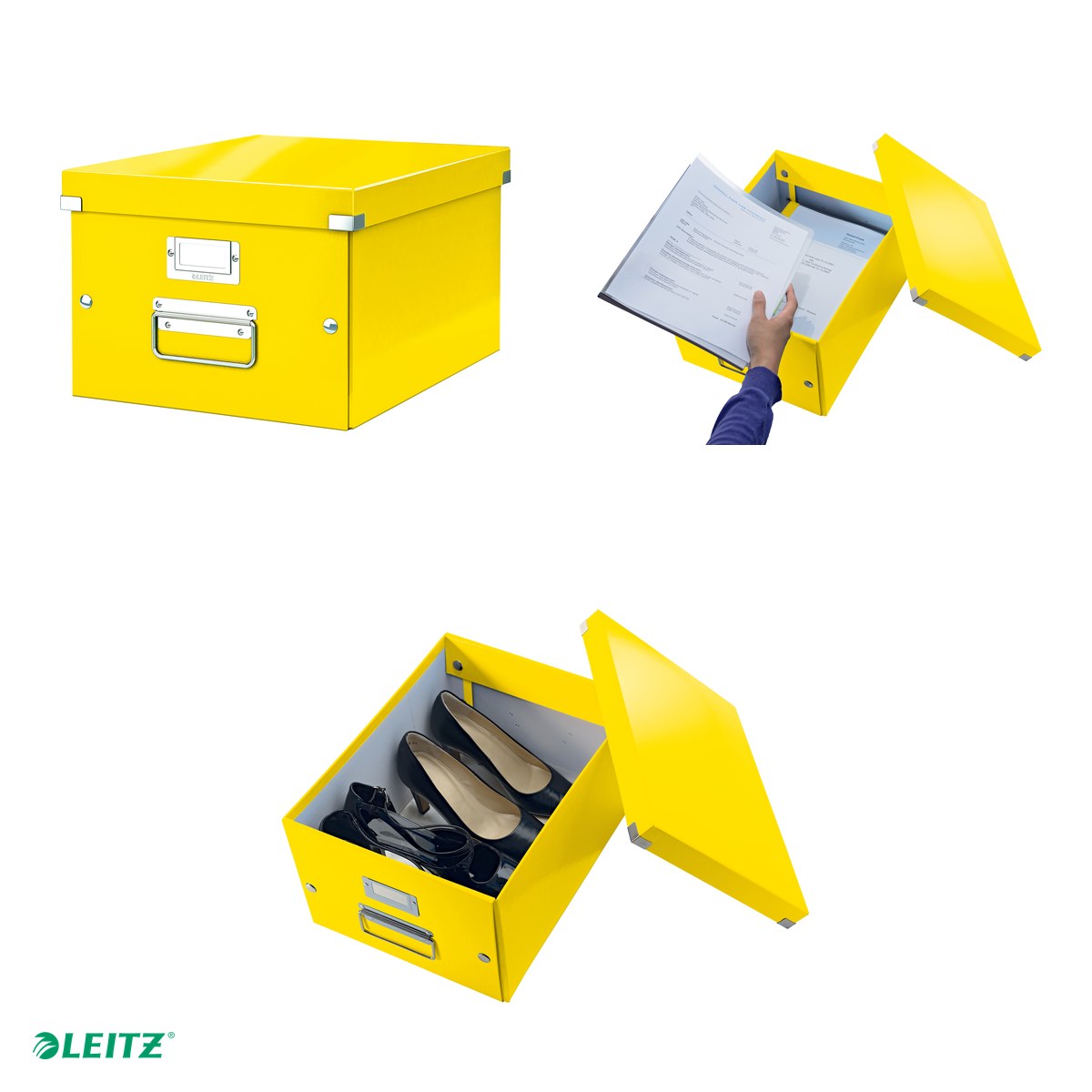 Cutie depozitare Leitz WOW Click & Store, carton laminat, pliabila, cu capac si maner, 28x20x37 cm, pentru transport, galben [3]
