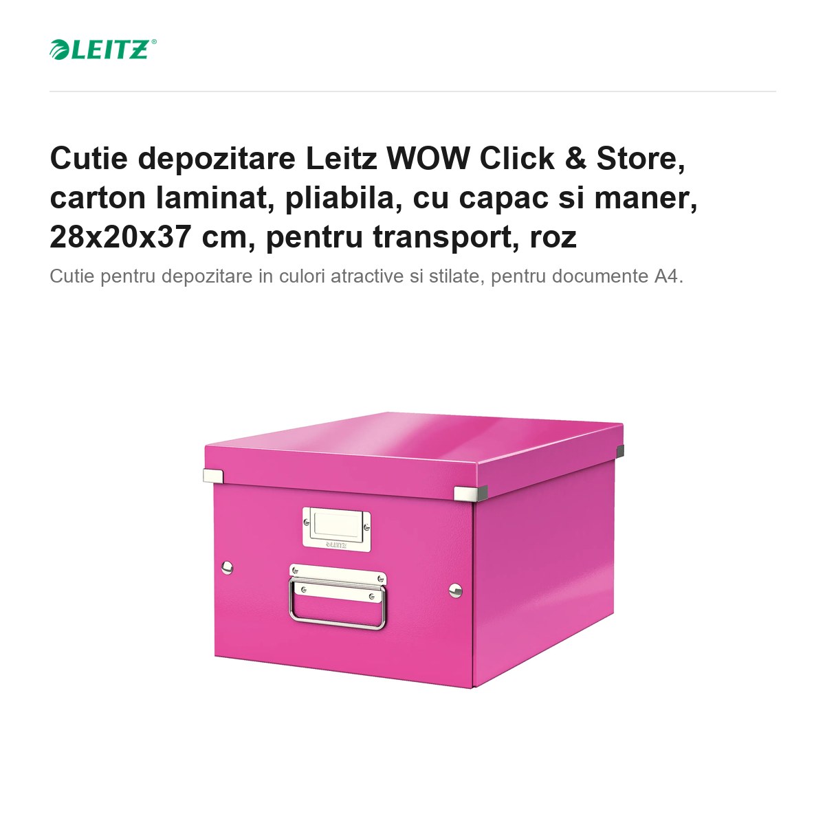 Cutie depozitare Leitz WOW Click & Store, carton laminat, pliabila, cu capac si maner, 28x20x37 cm, pentru transport, roz [1]