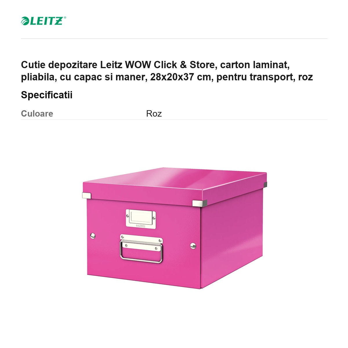 Cutie depozitare Leitz WOW Click & Store, carton laminat, pliabila, cu capac si maner, 28x20x37 cm, pentru transport, roz [2]