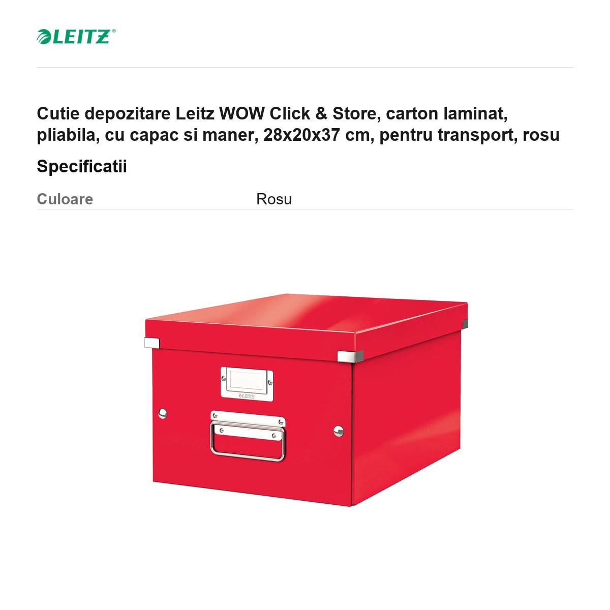 Cutie depozitare Leitz WOW Click & Store, carton laminat, pliabila, cu capac si maner, 28x20x37 cm, pentru transport, rosu [2]