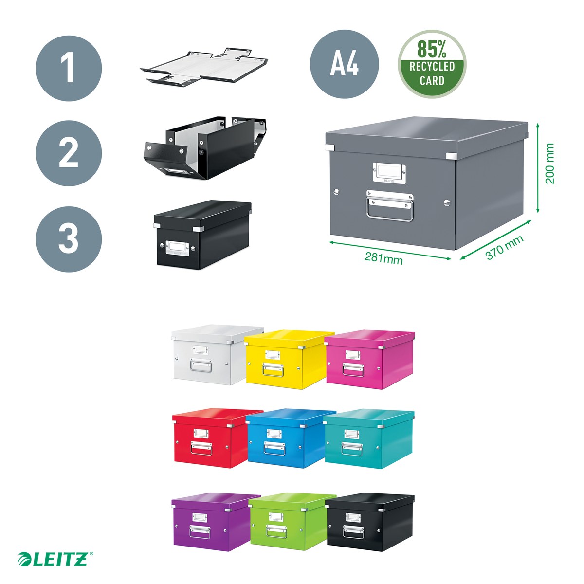Cutie depozitare Leitz WOW Click & Store, carton laminat, pliabila, cu capac si maner, 28x20x37 cm, pentru transport, rosu [4]