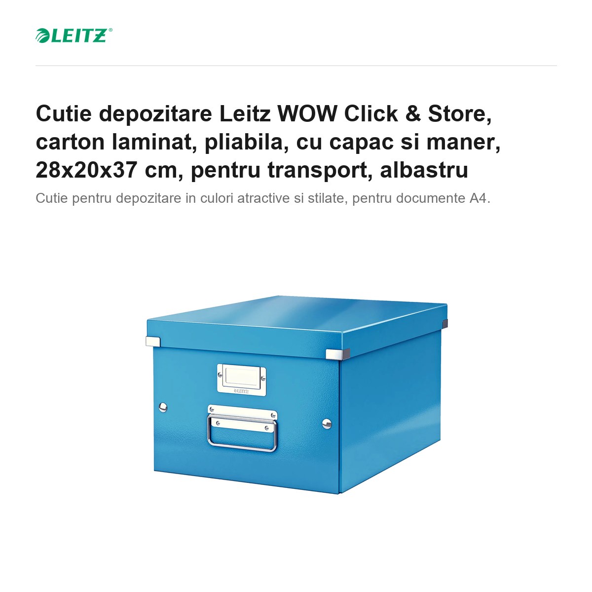 Cutie depozitare Leitz WOW Click & Store, carton laminat, pliabila, cu capac si maner, 28x20x37 cm, pentru transport, albastru [1]