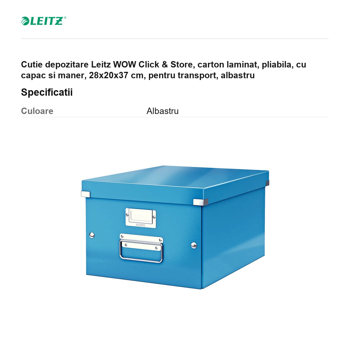 Cutie depozitare Leitz WOW Click & Store, carton laminat, pliabila, cu capac si maner, 28x20x37 cm, pentru transport, albastru [2]