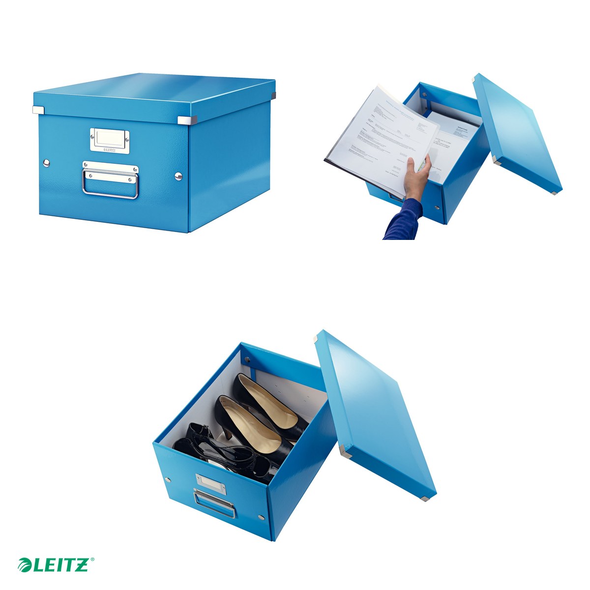 Cutie depozitare Leitz WOW Click & Store, carton laminat, pliabila, cu capac si maner, 28x20x37 cm, pentru transport, albastru [3]