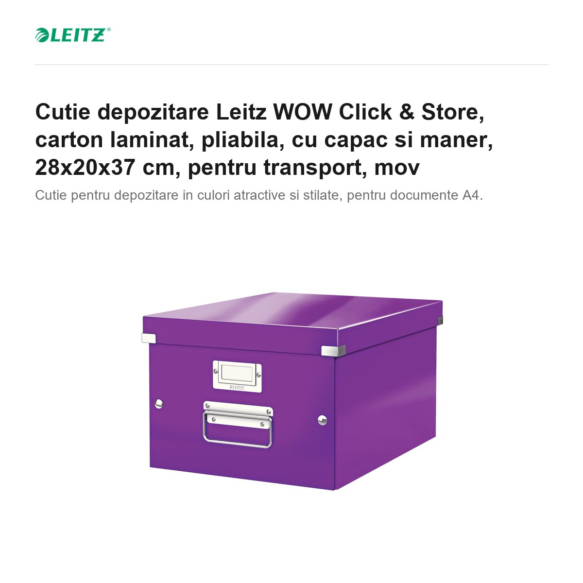 Cutie depozitare Leitz WOW Click & Store, carton laminat, pliabila, cu capac si maner, 28x20x37 cm, pentru transport, mov [1]