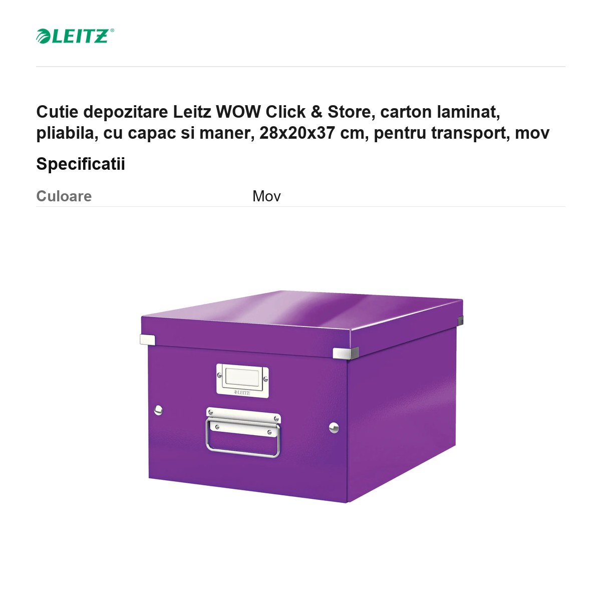 Cutie depozitare Leitz WOW Click & Store, carton laminat, pliabila, cu capac si maner, 28x20x37 cm, pentru transport, mov [2]