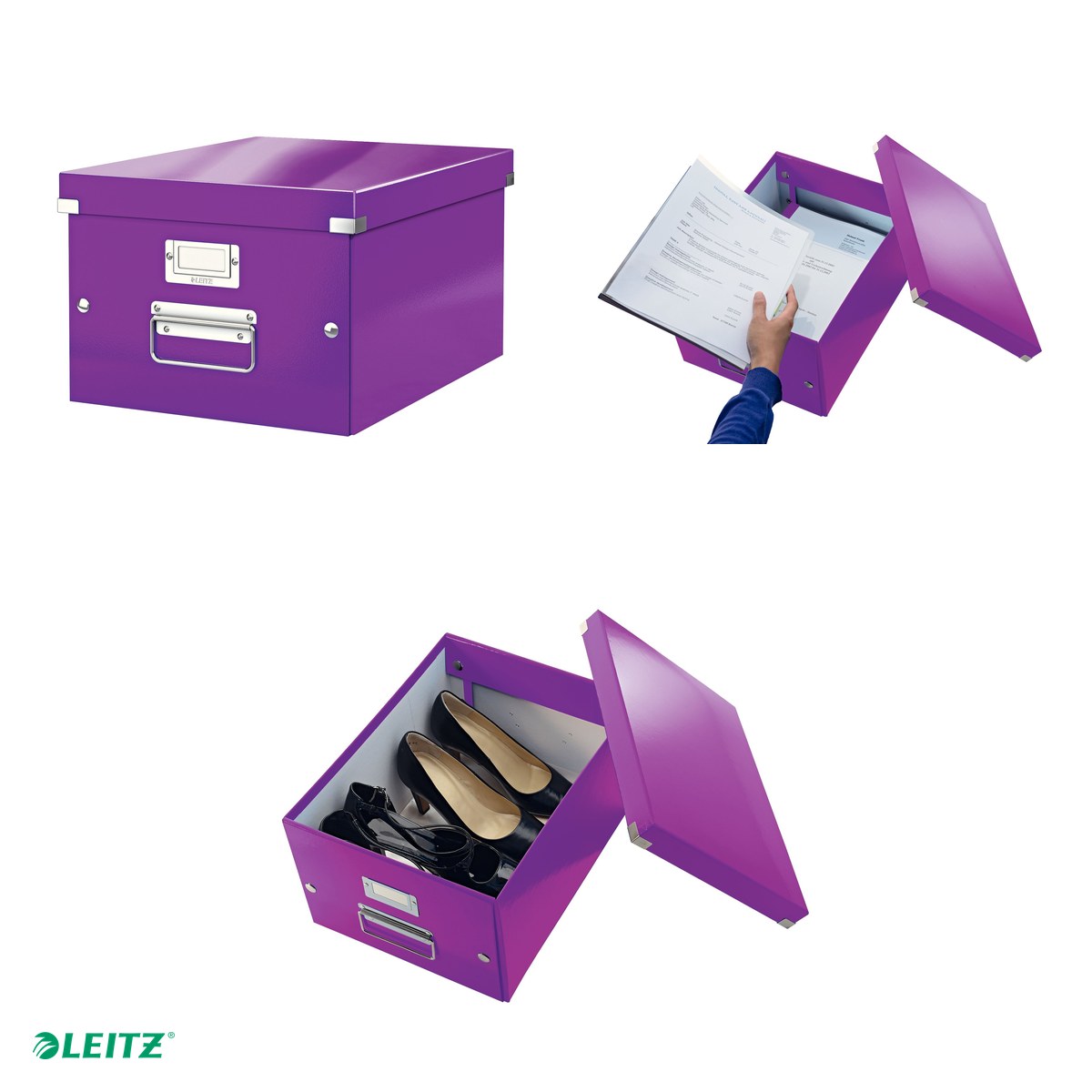 Cutie depozitare Leitz WOW Click & Store, carton laminat, pliabila, cu capac si maner, 28x20x37 cm, pentru transport, mov [3]