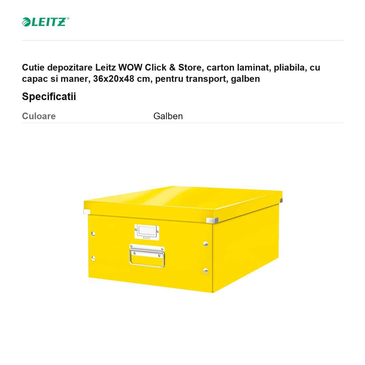 Cutie depozitare Leitz WOW Click & Store, carton laminat, pliabila, cu capac si maner, 36x20x48 cm, pentru transport, galben [2]