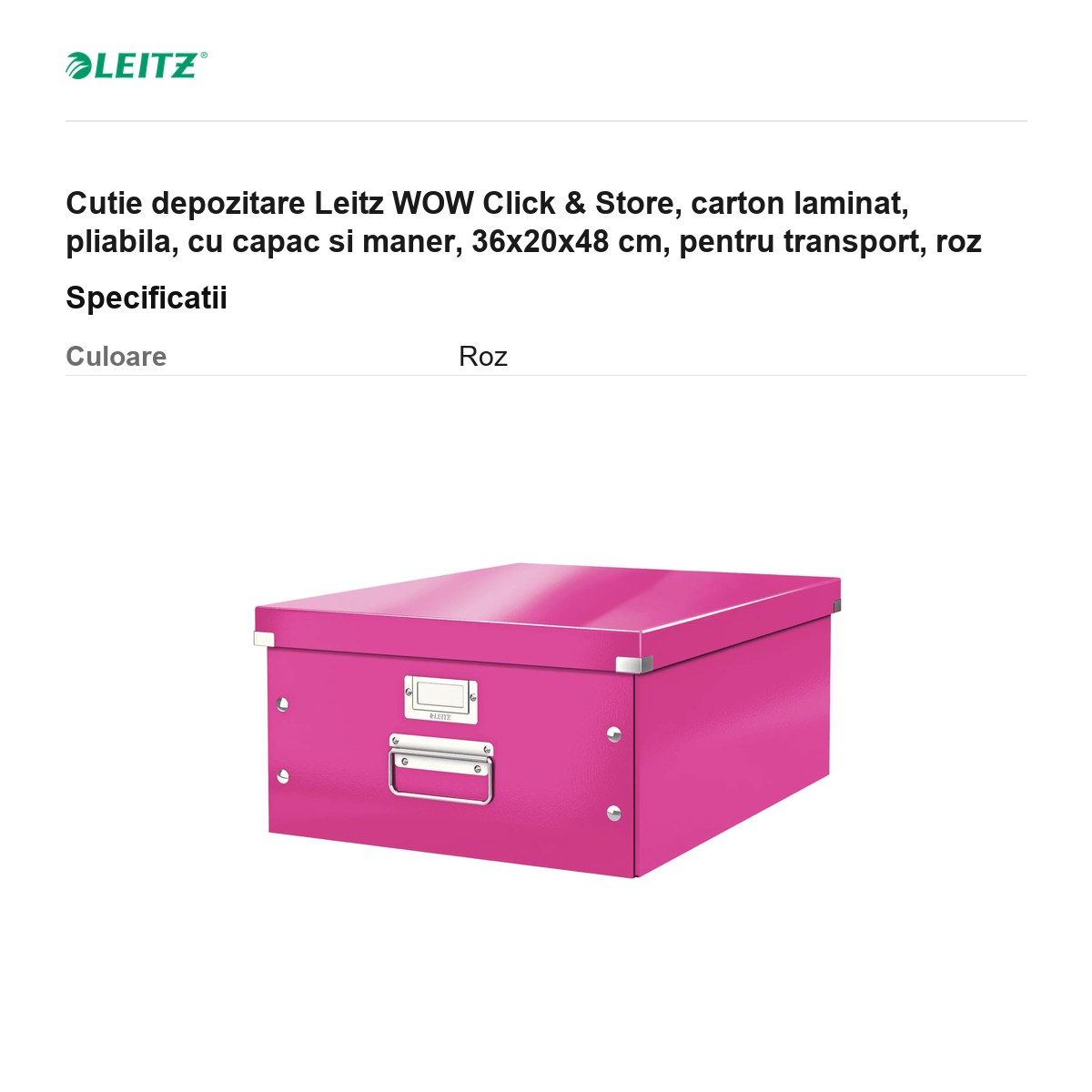 Cutie depozitare Leitz WOW Click & Store, carton laminat, pliabila, cu capac si maner, 36x20x48 cm, pentru transport, roz [2]