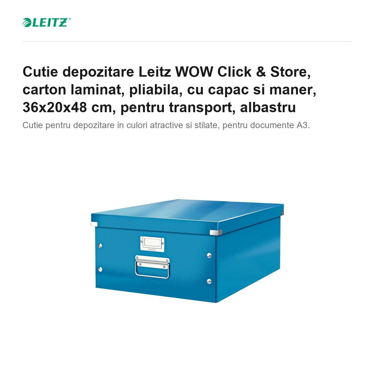 Cutie depozitare Leitz WOW Click & Store, carton laminat, pliabila, cu capac si maner, 36x20x48 cm, pentru transport, albastru [1]