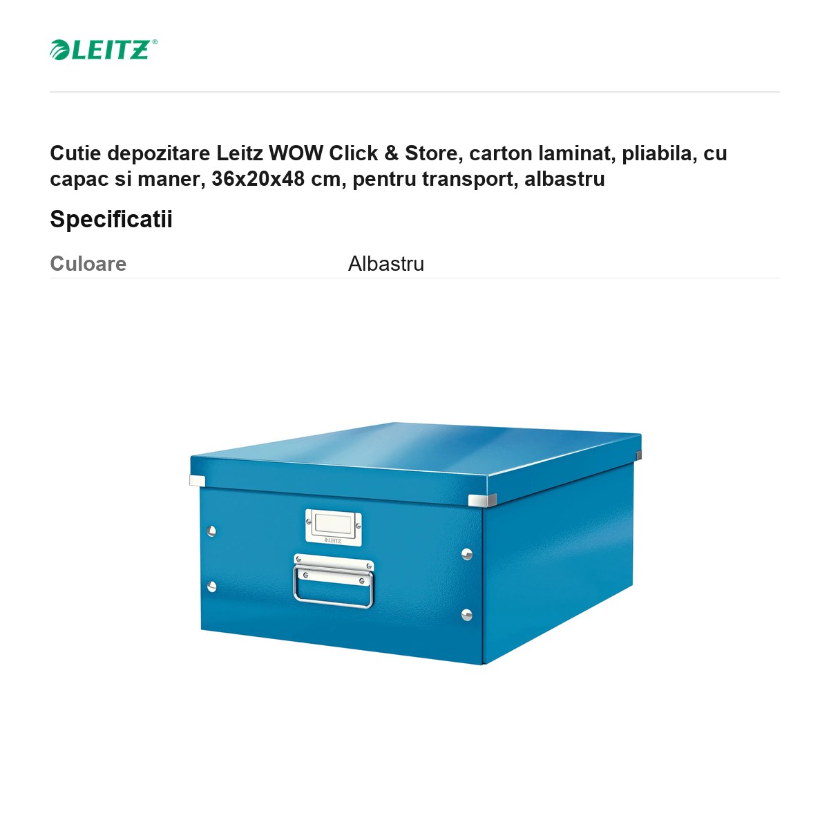 Cutie depozitare Leitz WOW Click & Store, carton laminat, pliabila, cu capac si maner, 36x20x48 cm, pentru transport, albastru [2]