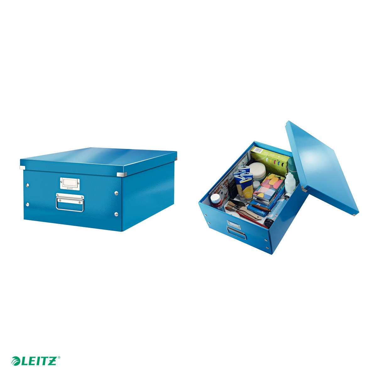 Cutie depozitare Leitz WOW Click & Store, carton laminat, pliabila, cu capac si maner, 36x20x48 cm, pentru transport, albastru [3]