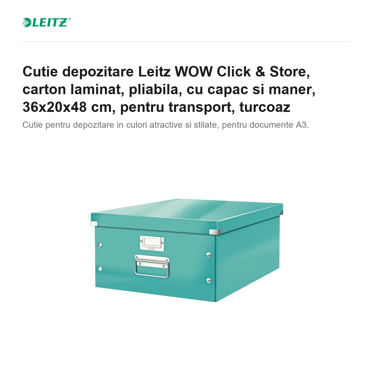 Cutie depozitare Leitz WOW Click & Store, carton laminat, pliabila, cu capac si maner, 36x20x48 cm, pentru transport, turcoaz [1]