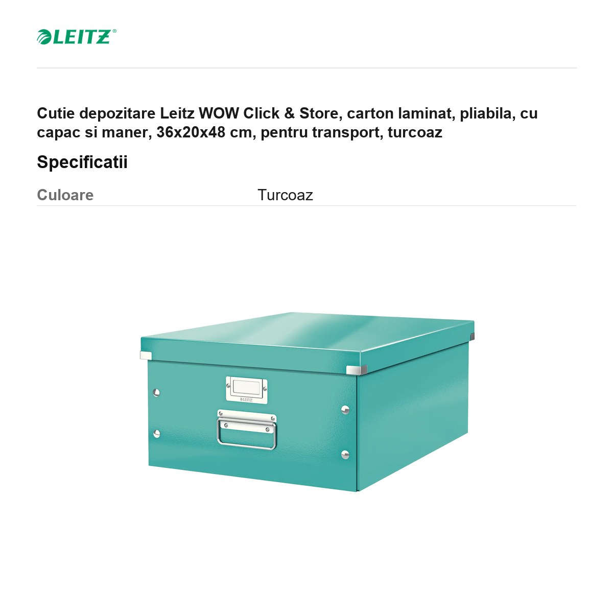 Cutie depozitare Leitz WOW Click & Store, carton laminat, pliabila, cu capac si maner, 36x20x48 cm, pentru transport, turcoaz [2]