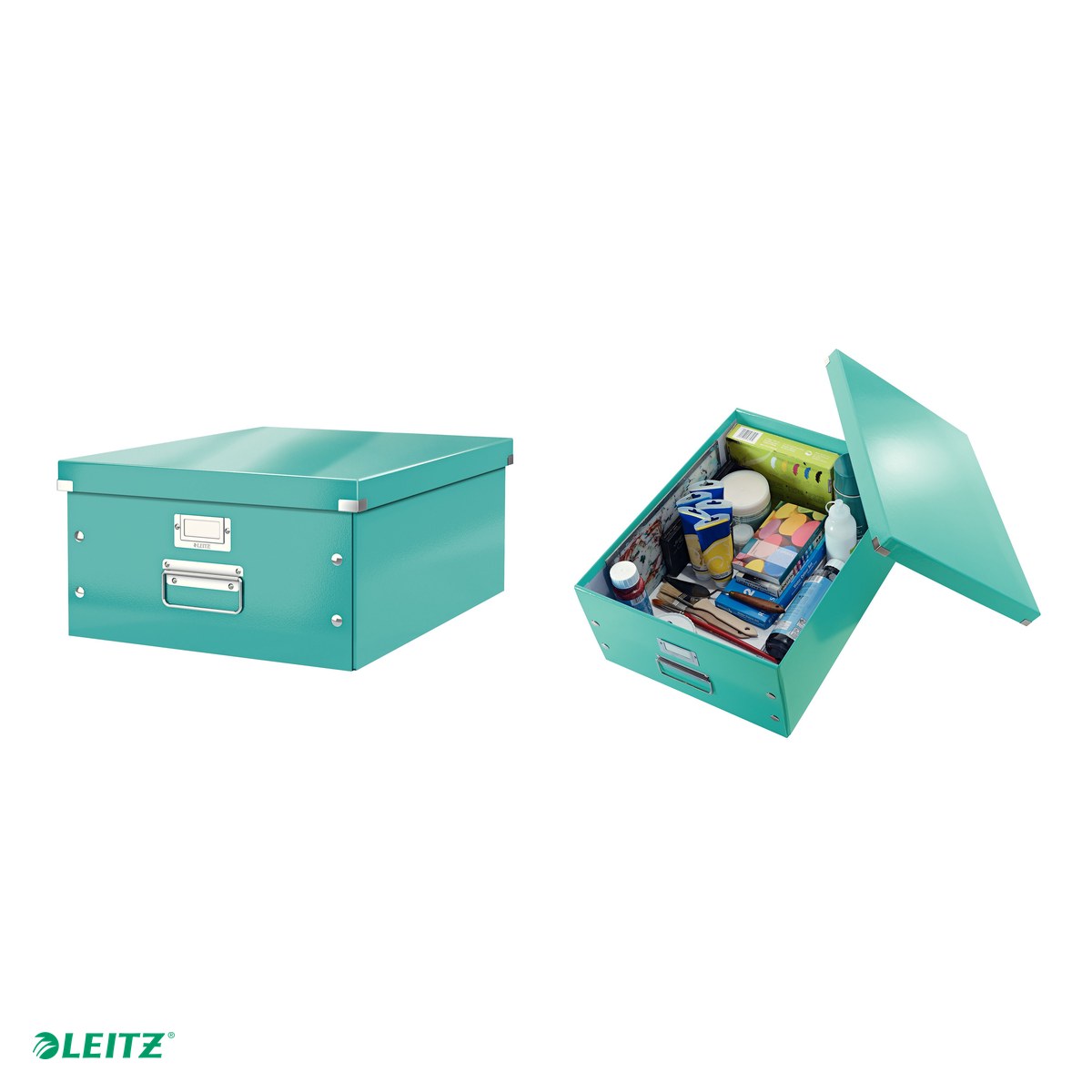 Cutie depozitare Leitz WOW Click & Store, carton laminat, pliabila, cu capac si maner, 36x20x48 cm, pentru transport, turcoaz [3]
