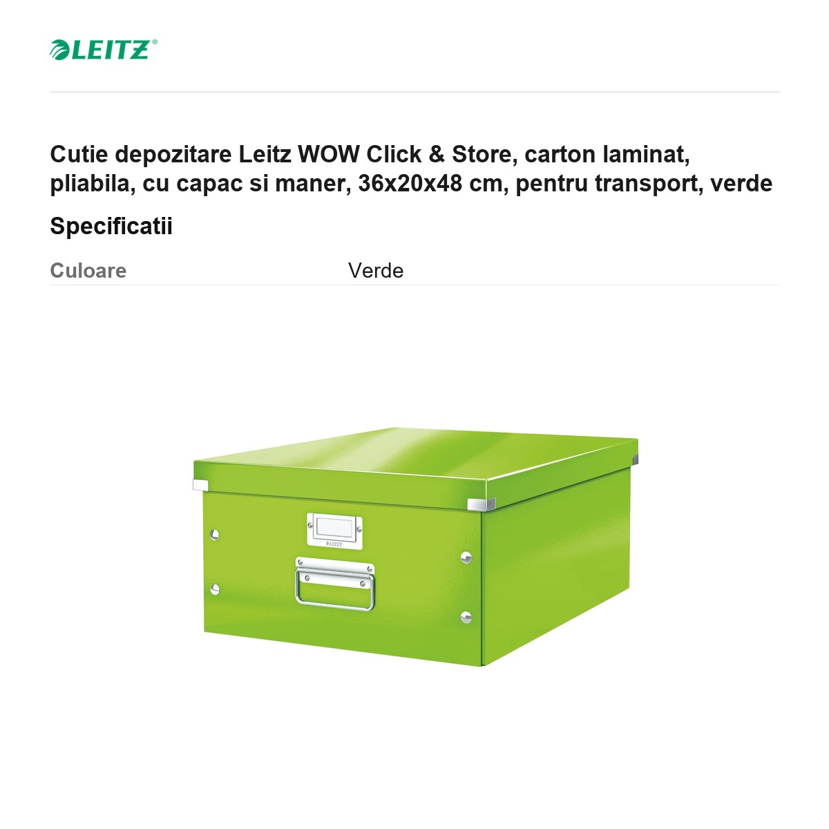 Cutie depozitare Leitz WOW Click & Store, carton laminat, pliabila, cu capac si maner, 36x20x48 cm, pentru transport, verde [2]
