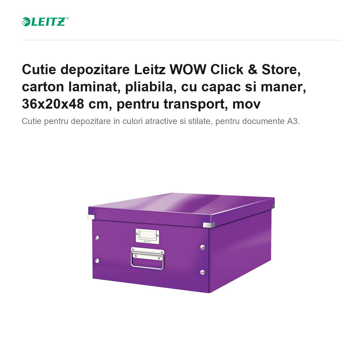 Cutie depozitare Leitz WOW Click & Store, carton laminat, pliabila, cu capac si maner, 36x20x48 cm, pentru transport, mov [1]