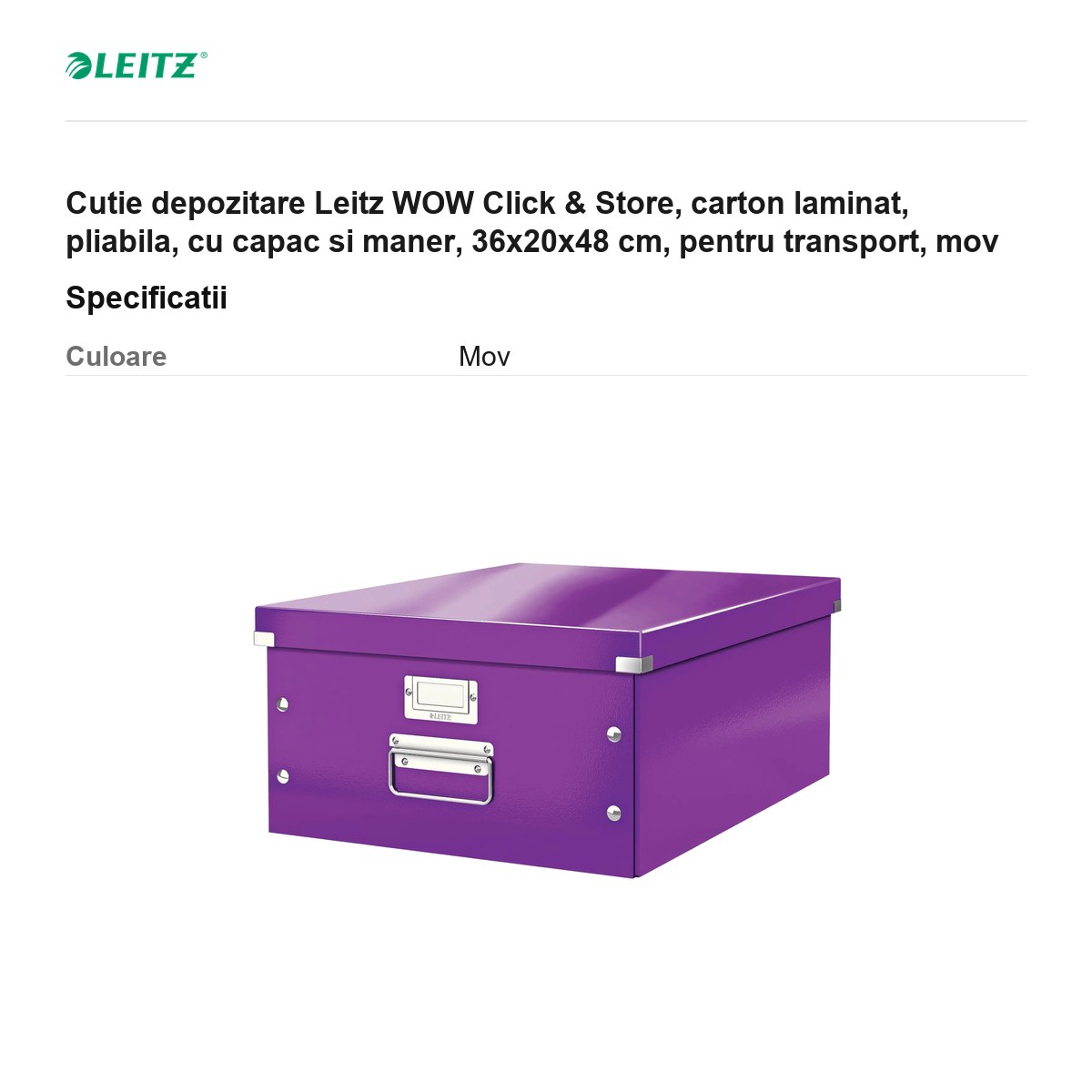 Cutie depozitare Leitz WOW Click & Store, carton laminat, pliabila, cu capac si maner, 36x20x48 cm, pentru transport, mov [2]