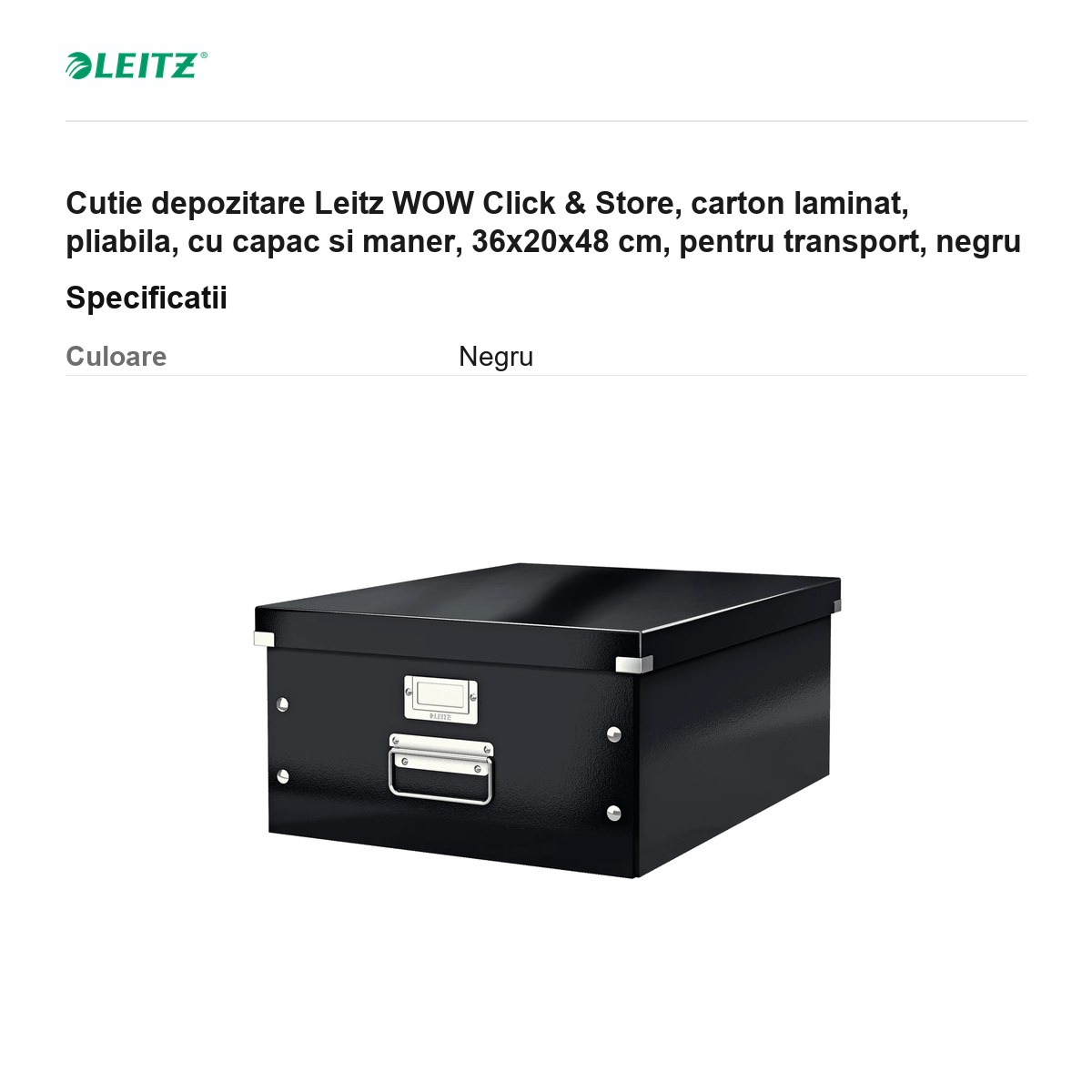 Cutie depozitare Leitz WOW Click & Store, carton laminat, pliabila, cu capac si maner, 36x20x48 cm, pentru transport, negru [2]