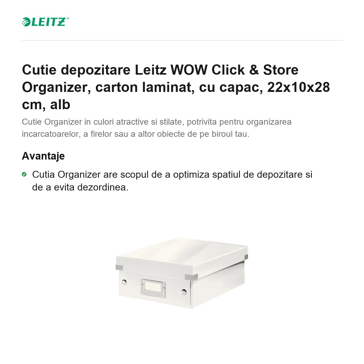 Cutie depozitare Leitz WOW Click & Store Organizer, carton laminat, cu capac, 22x10x28 cm, alb [1]