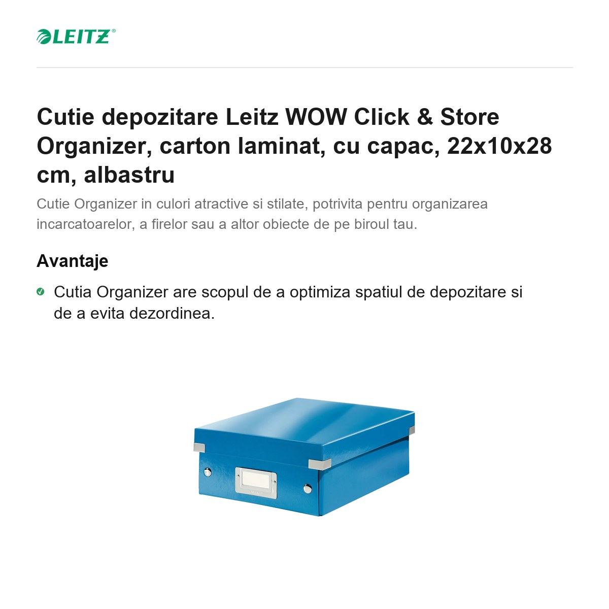 Cutie depozitare Leitz WOW Click & Store Organizer, carton laminat, cu capac, 22x10x28 cm, albastru [1]