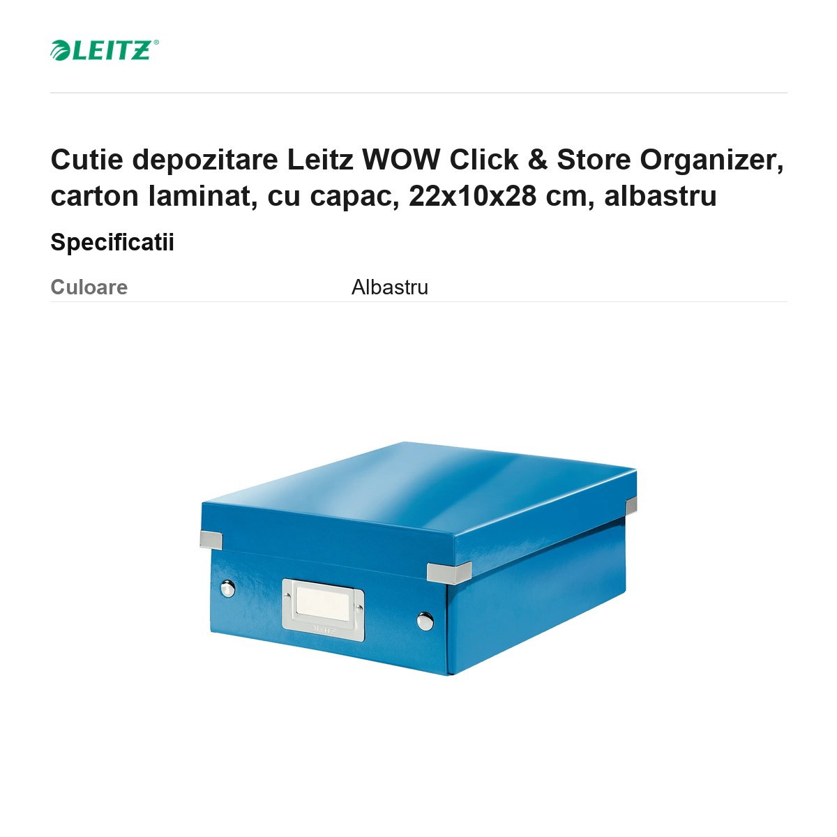 Cutie depozitare Leitz WOW Click & Store Organizer, carton laminat, cu capac, 22x10x28 cm, albastru [2]