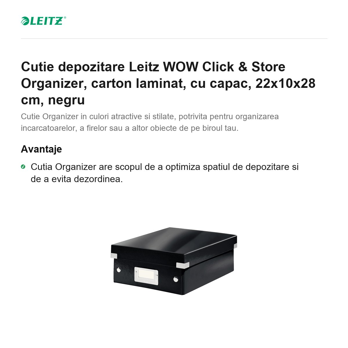 Cutie depozitare Leitz WOW Click & Store Organizer, carton laminat, cu capac, 22x10x28 cm, negru [1]