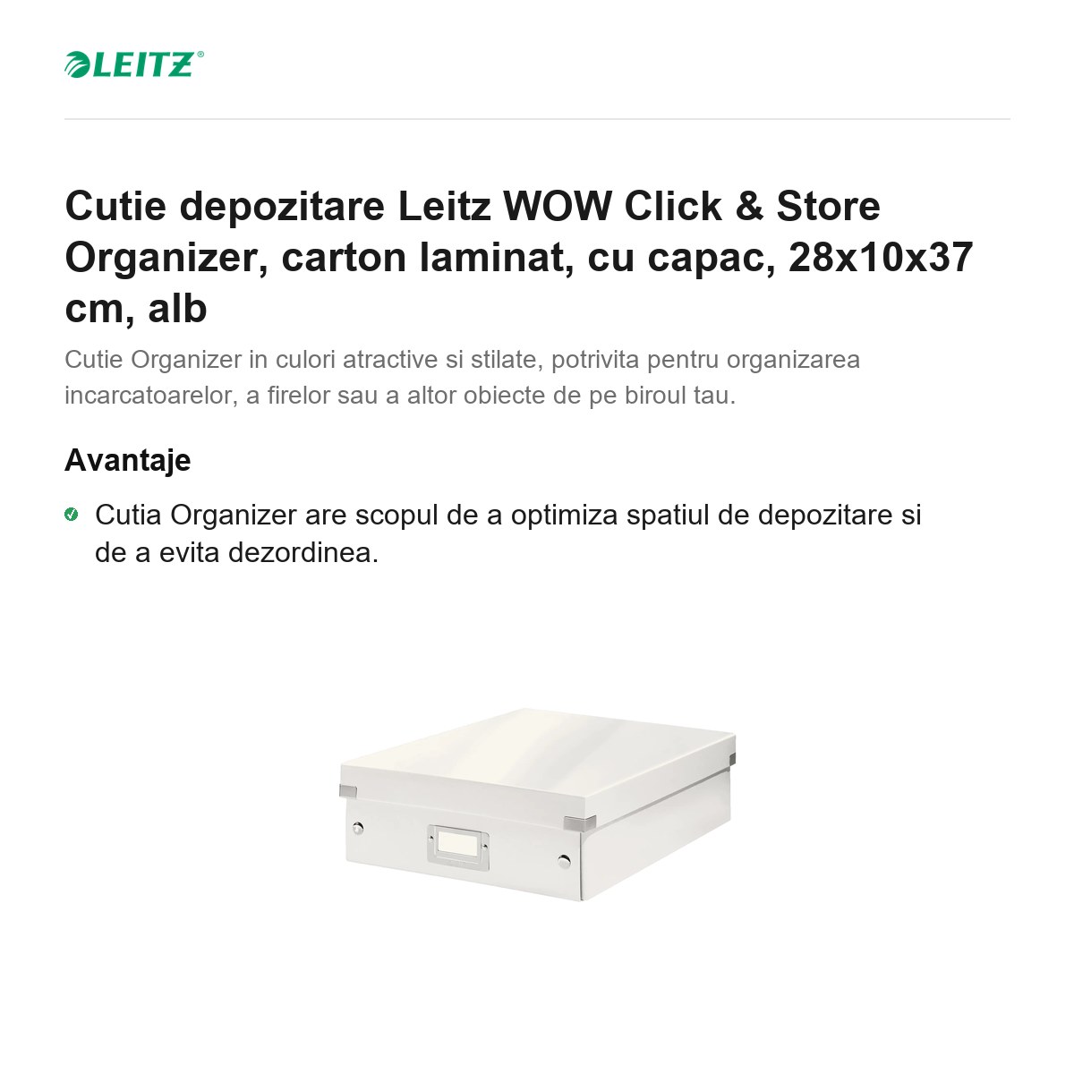 Cutie depozitare Leitz WOW Click & Store Organizer, carton laminat, cu capac, 28x10x37 cm, alb [1]