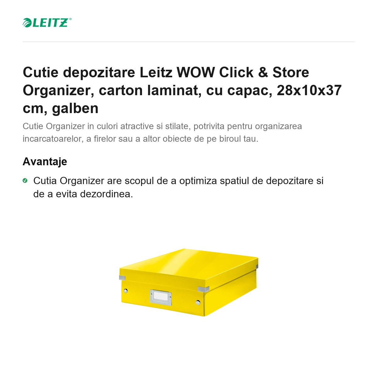 Cutie depozitare Leitz WOW Click & Store Organizer, carton laminat, cu capac, 28x10x37 cm, galben [1]