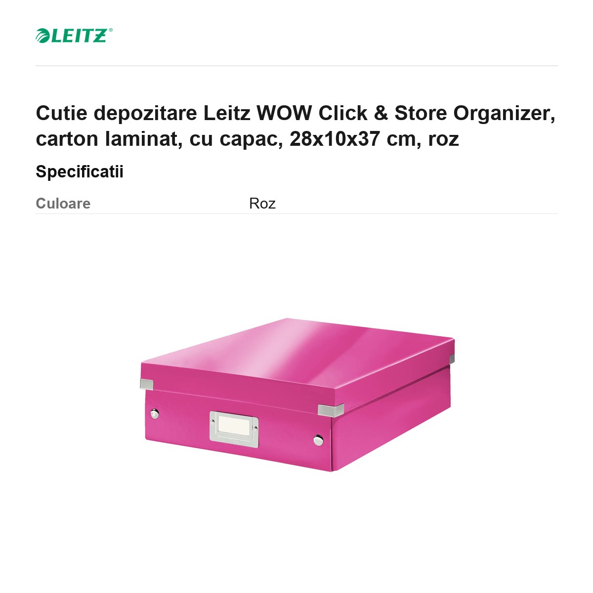 Cutie depozitare Leitz WOW Click & Store Organizer, carton laminat, cu capac, 28x10x37 cm, roz [2]