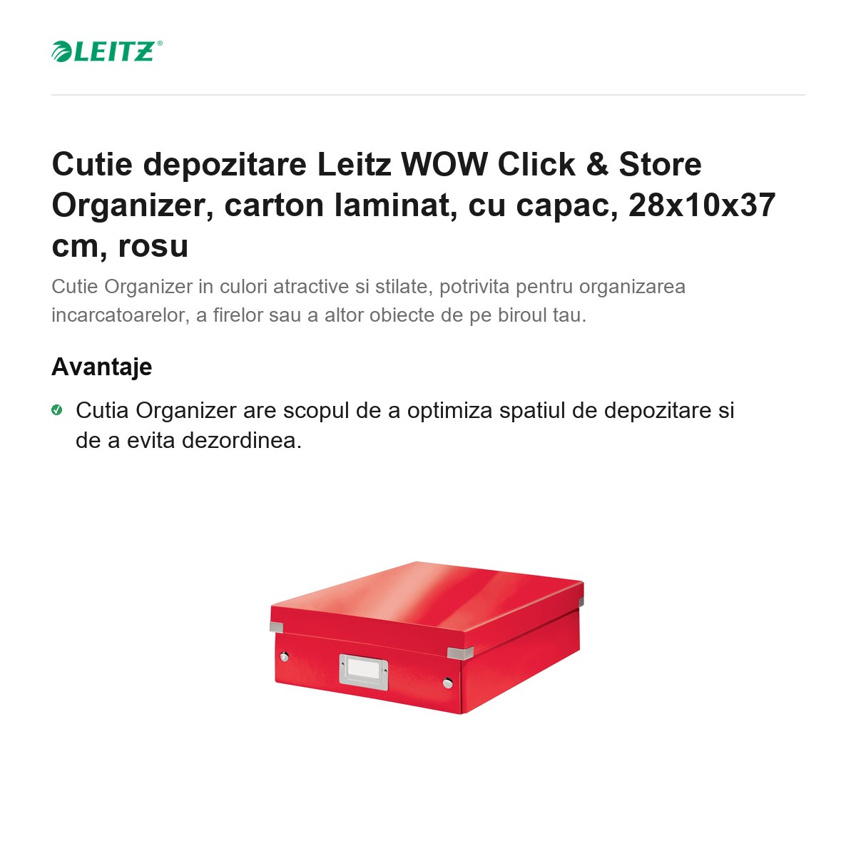 Cutie depozitare Leitz WOW Click & Store Organizer, carton laminat, cu capac, 28x10x37 cm, rosu [1]