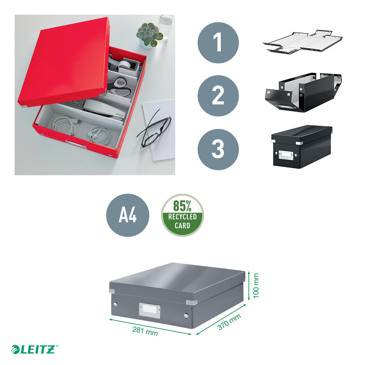 Cutie depozitare Leitz WOW Click & Store Organizer, carton laminat, cu capac, 28x10x37 cm, rosu [4]