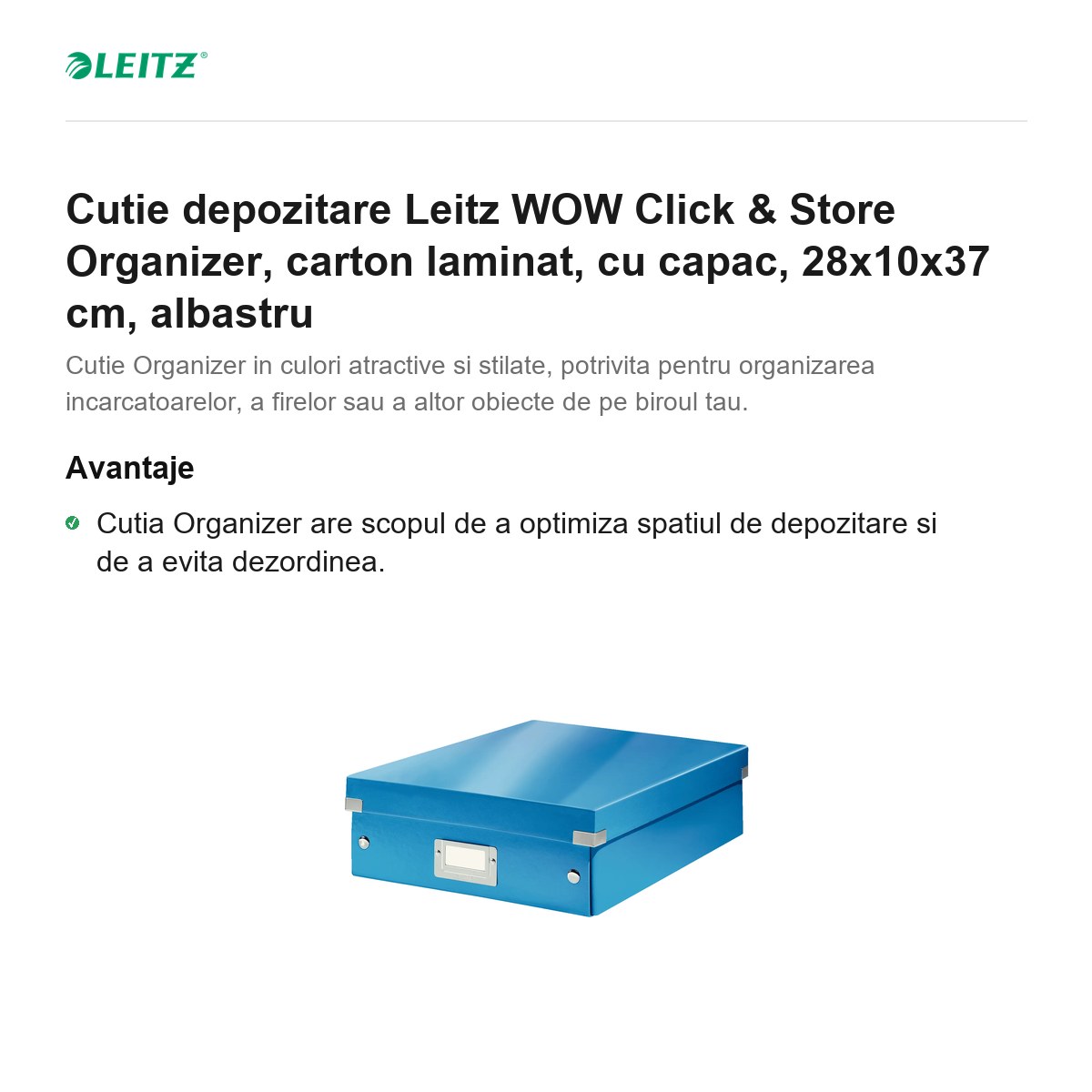 Cutie depozitare Leitz WOW Click & Store Organizer, carton laminat, cu capac, 28x10x37 cm, albastru [1]
