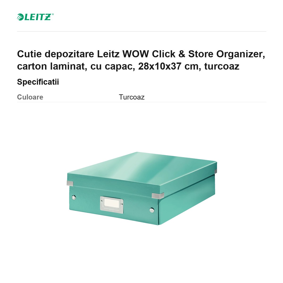 Cutie depozitare Leitz WOW Click & Store Organizer, carton laminat, cu capac, 28x10x37 cm, turcoaz [2]