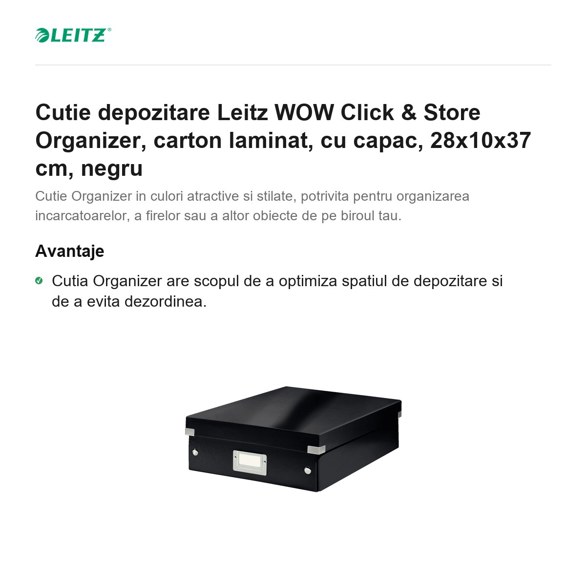 Cutie depozitare Leitz WOW Click & Store Organizer, carton laminat, cu capac, 28x10x37 cm, negru [1]