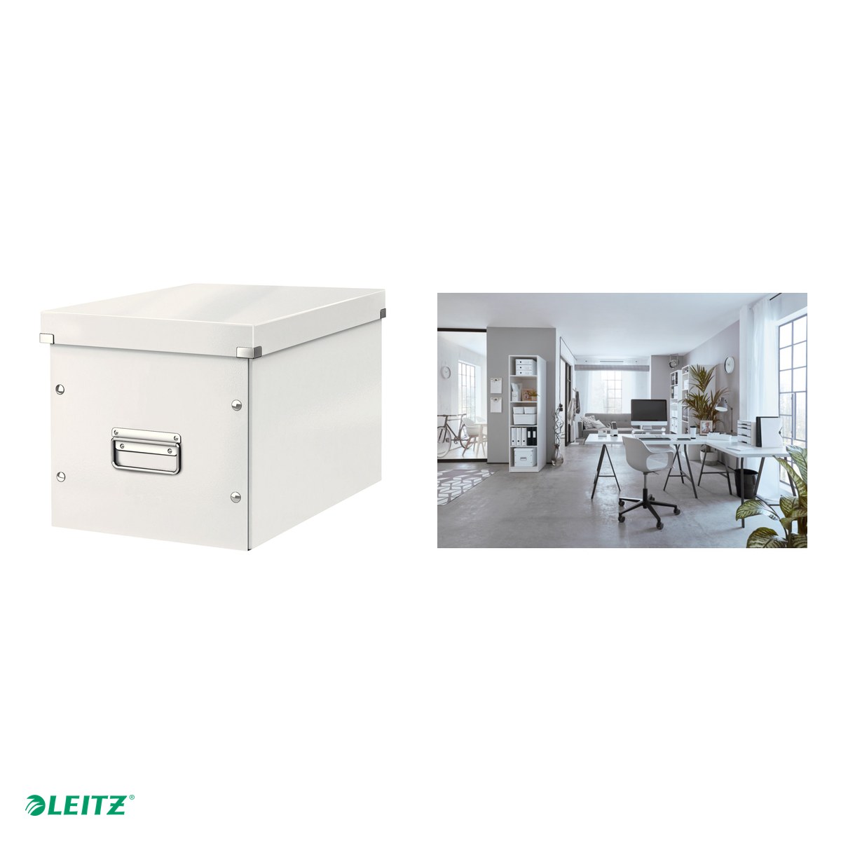 Cutie depozitare Leitz WOW Click & Store, carton laminat, pliabila, cu capac si maner, 32x31x36 cm, pentru transport, alb [3]