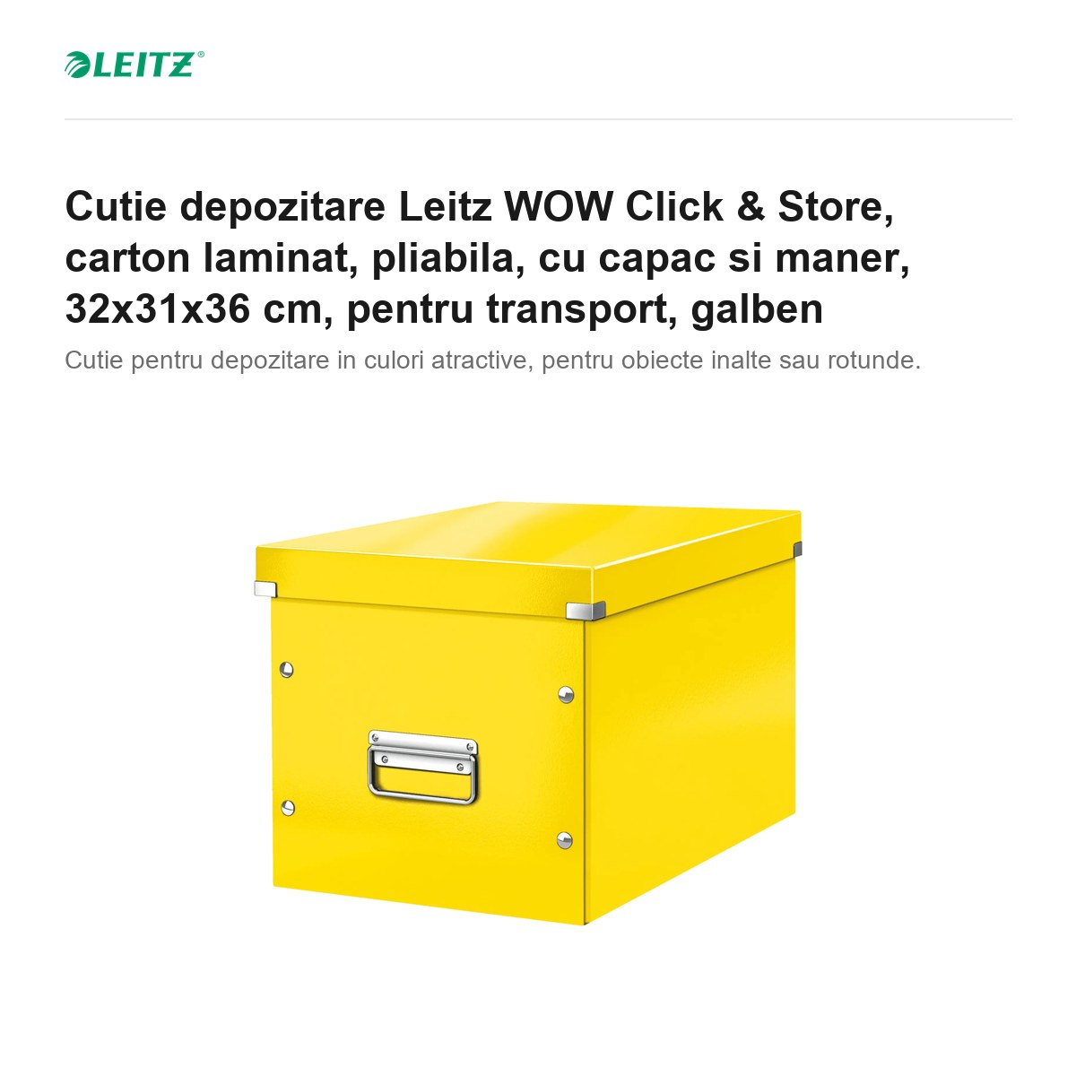 Cutie depozitare Leitz WOW Click & Store, carton laminat, pliabila, cu capac si maner, 32x31x36 cm, pentru transport, galben [1]