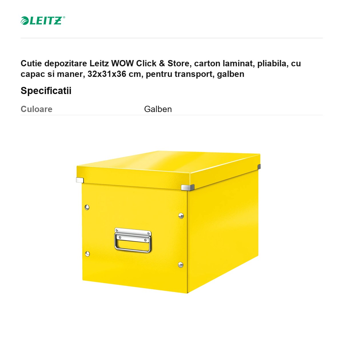 Cutie depozitare Leitz WOW Click & Store, carton laminat, pliabila, cu capac si maner, 32x31x36 cm, pentru transport, galben [2]