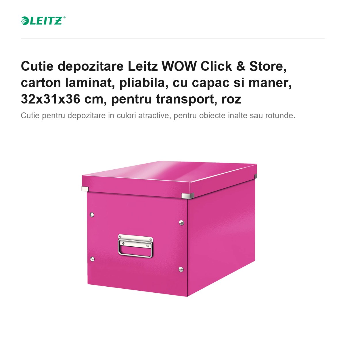 Cutie depozitare Leitz WOW Click & Store, carton laminat, pliabila, cu capac si maner, 32x31x36 cm, pentru transport, roz [1]