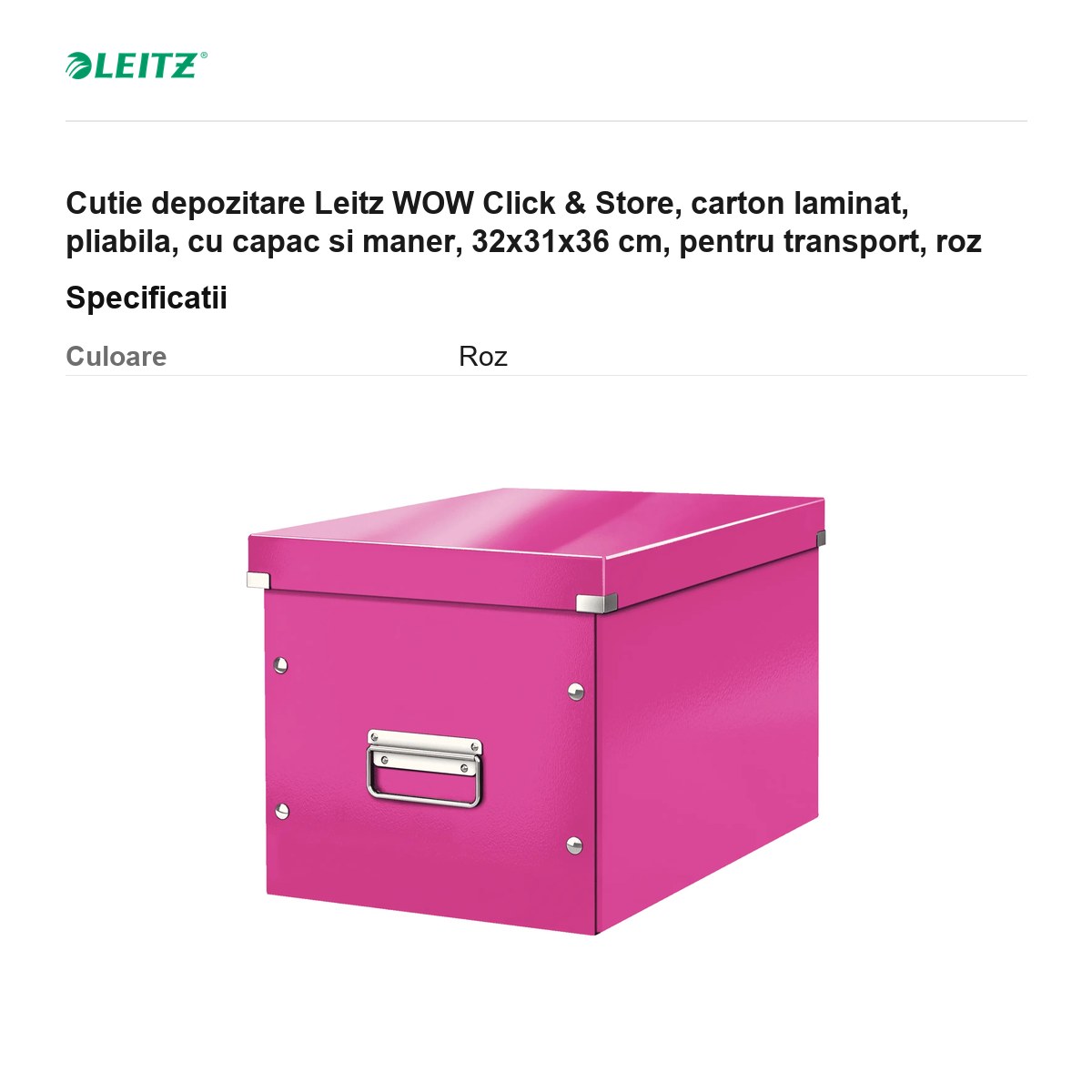 Cutie depozitare Leitz WOW Click & Store, carton laminat, pliabila, cu capac si maner, 32x31x36 cm, pentru transport, roz [2]