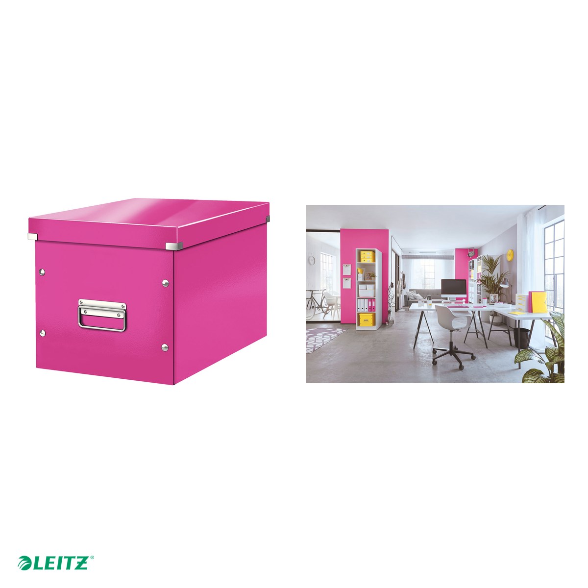 Cutie depozitare Leitz WOW Click & Store, carton laminat, pliabila, cu capac si maner, 32x31x36 cm, pentru transport, roz [3]