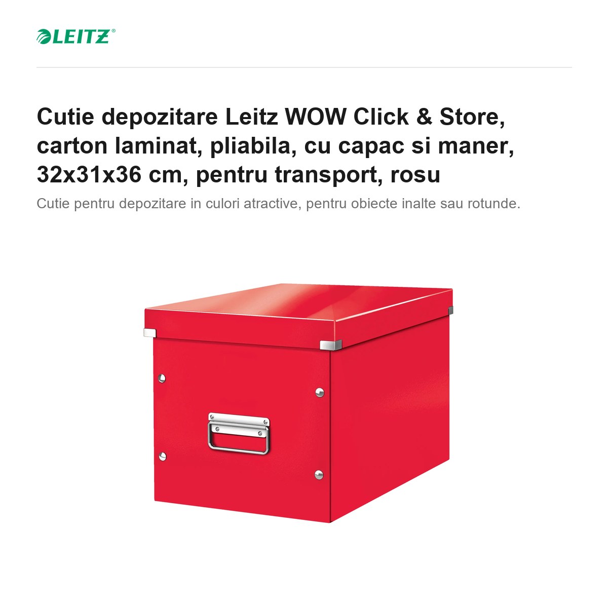Cutie depozitare Leitz WOW Click & Store, carton laminat, pliabila, cu capac si maner, 32x31x36 cm, pentru transport, rosu [1]
