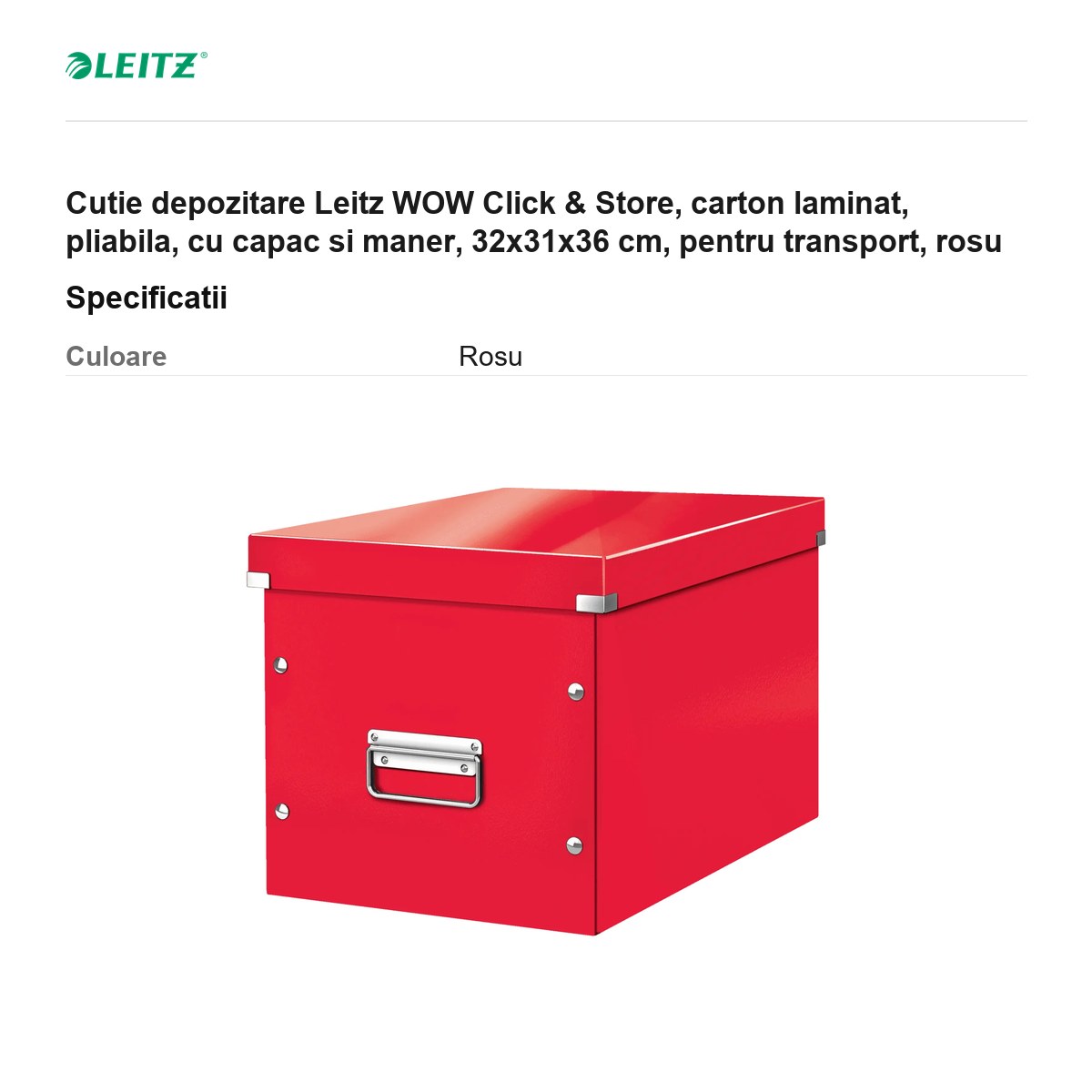 Cutie depozitare Leitz WOW Click & Store, carton laminat, pliabila, cu capac si maner, 32x31x36 cm, pentru transport, rosu [2]