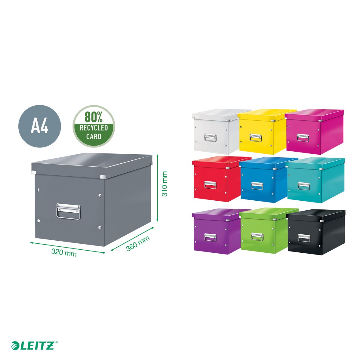 Cutie depozitare Leitz WOW Click & Store, carton laminat, pliabila, cu capac si maner, 32x31x36 cm, pentru transport, rosu [4]