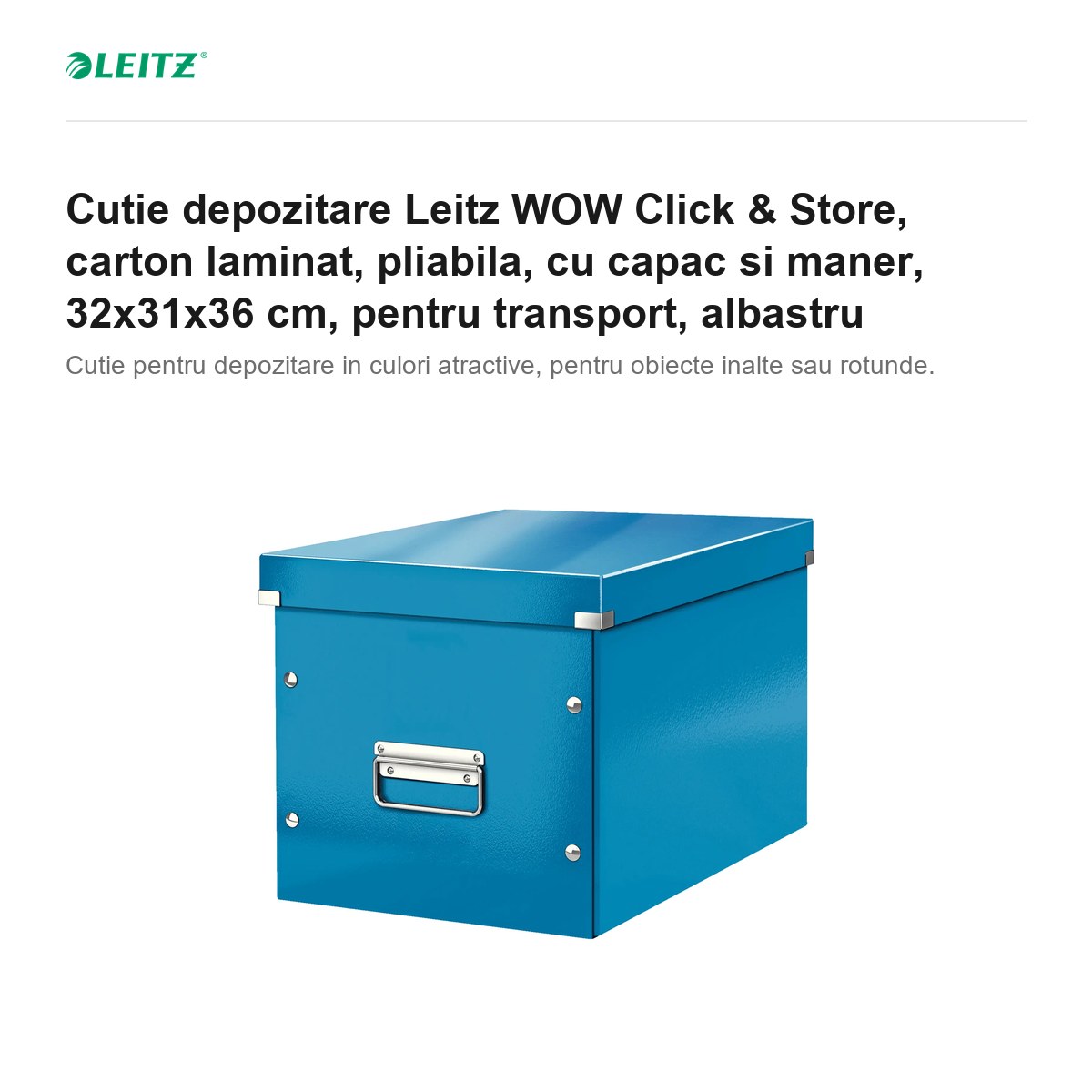 Cutie depozitare Leitz WOW Click & Store, carton laminat, pliabila, cu capac si maner, 32x31x36 cm, pentru transport, albastru [1]