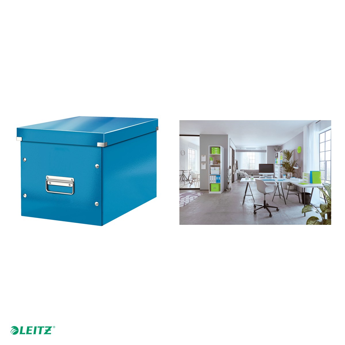 Cutie depozitare Leitz WOW Click & Store, carton laminat, pliabila, cu capac si maner, 32x31x36 cm, pentru transport, albastru [3]